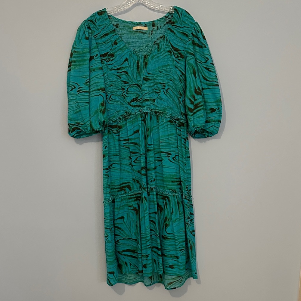 Chic Teal Patterned Midi Dress - image 1